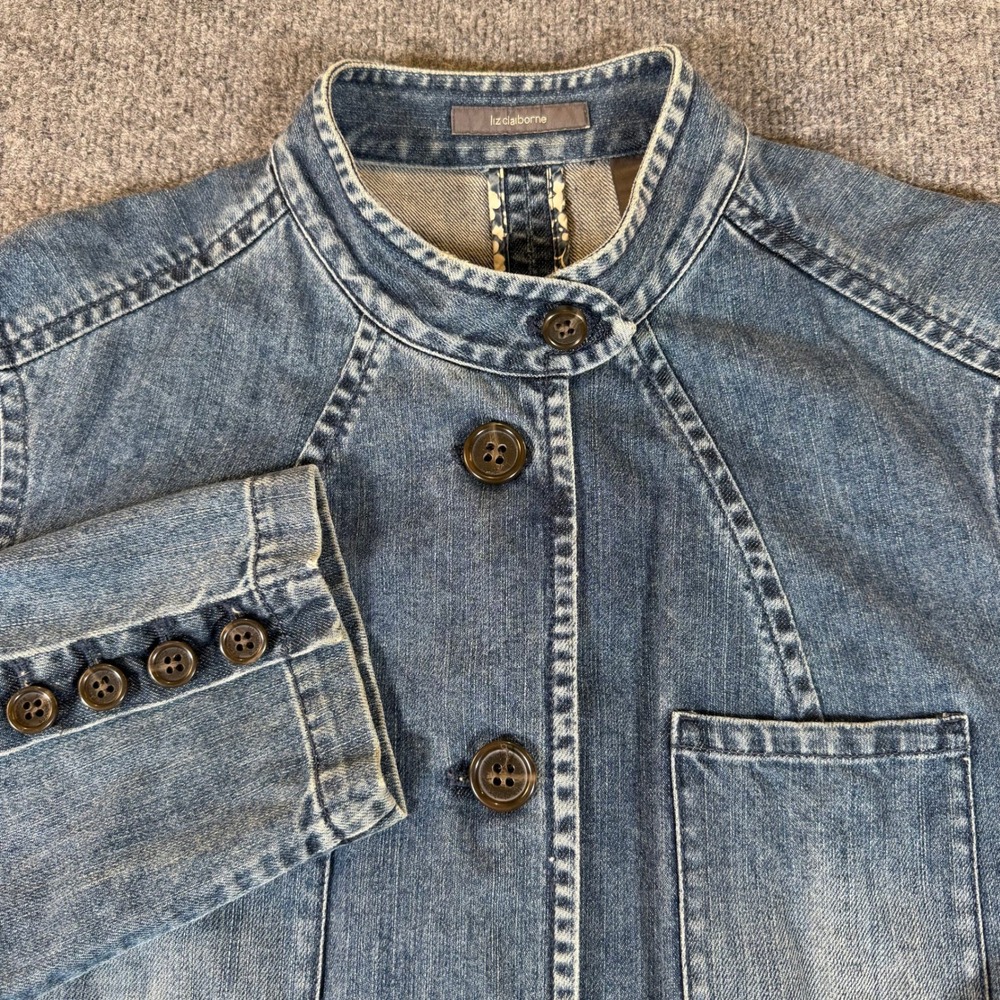 Liz Claiborne Womens Denim Jacket Stand Collar Button Up Chore Coat Blue 14